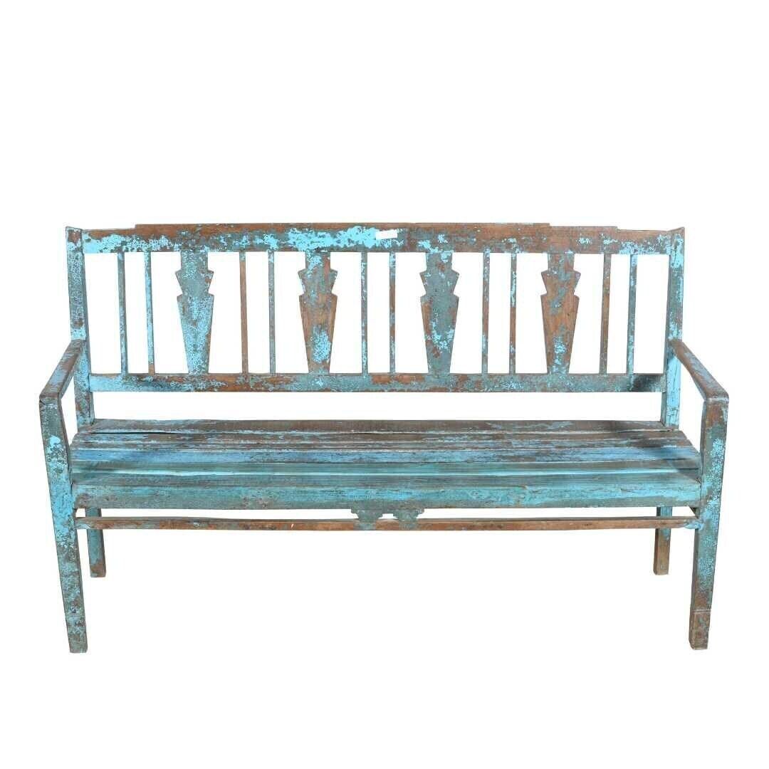 Antique Turquoise Indian Teak Bench | C.1920 Chapel Hall Seat | Rajasthan Garden Furniture | Art Deco Backrest photo furniture