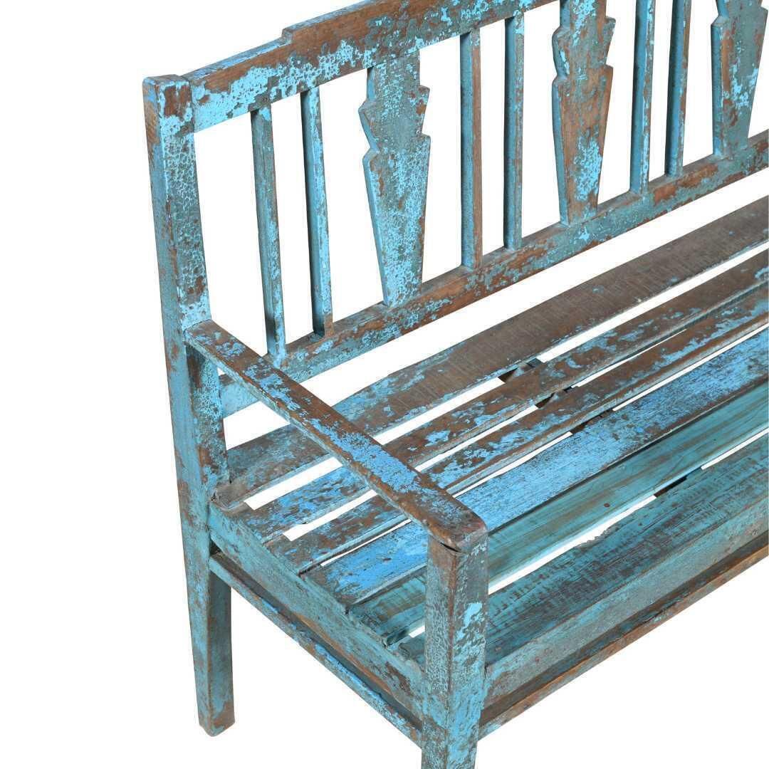 Antique Turquoise Indian Teak Bench | C.1920 Chapel Hall Seat | Rajasthan Garden Furniture | Art Deco Backrest photo for sale
