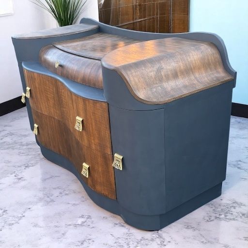 Art Deco Painted Dressing Table Burr Walnut Veneer Black Gold photo for sale