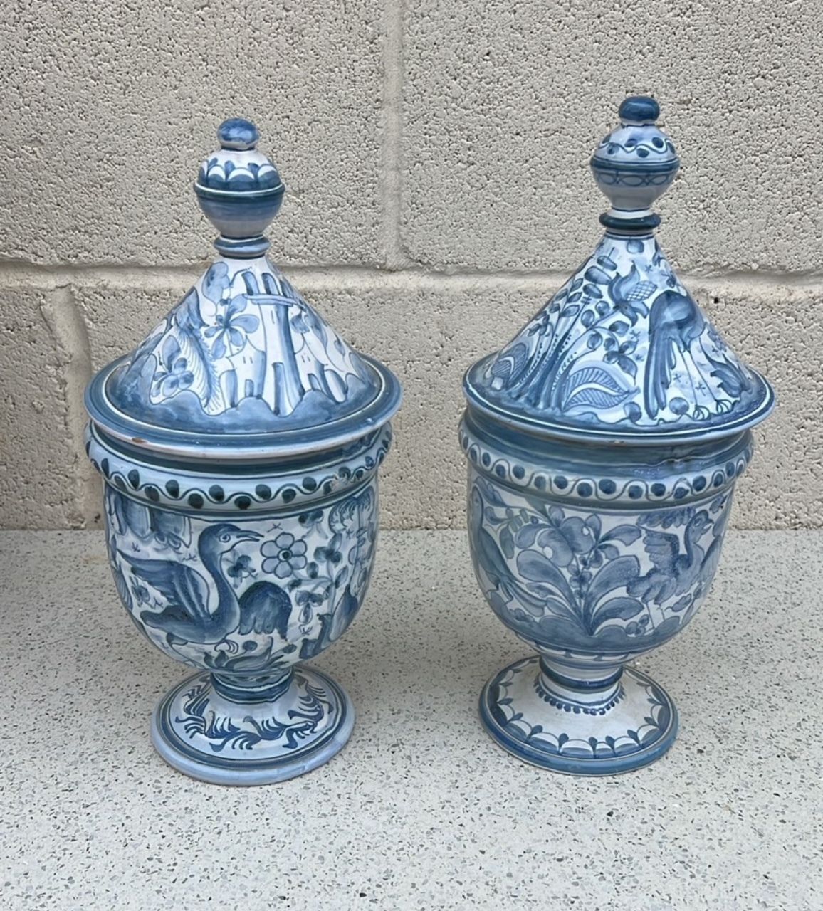 Pair Of Portuguese Coimbra Faience Blue And White Lidded Vases By Vasco Vieira Lusitânia
