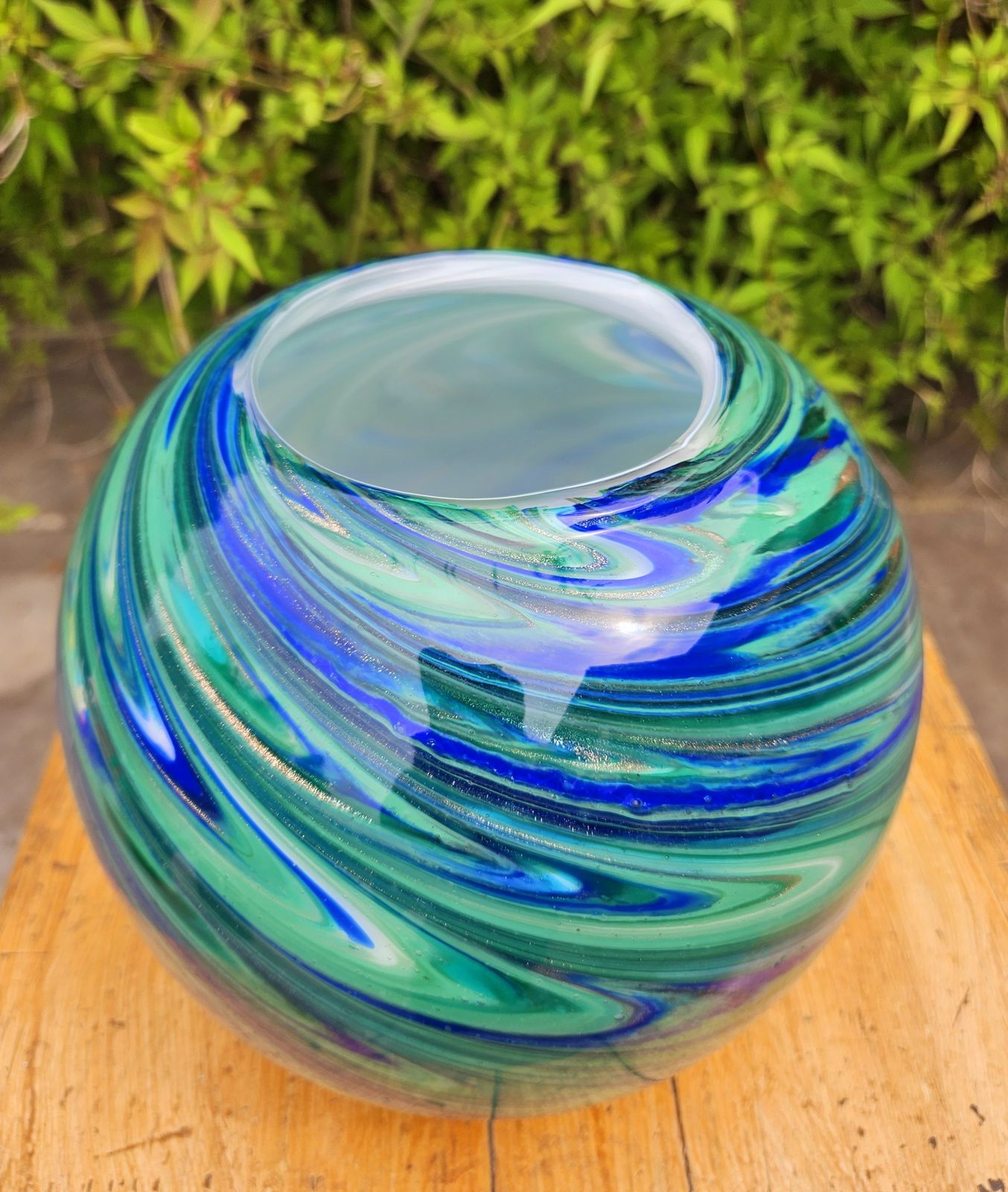 Spectacular Spherical Glass Vase In Swirled Greens & Blues photo furniture