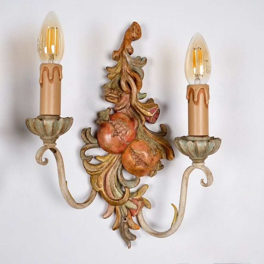 Pair Of Polychrome Carved Wood And Metal Wall Lights By Chelini, Firenze, 1980 photo 380.0