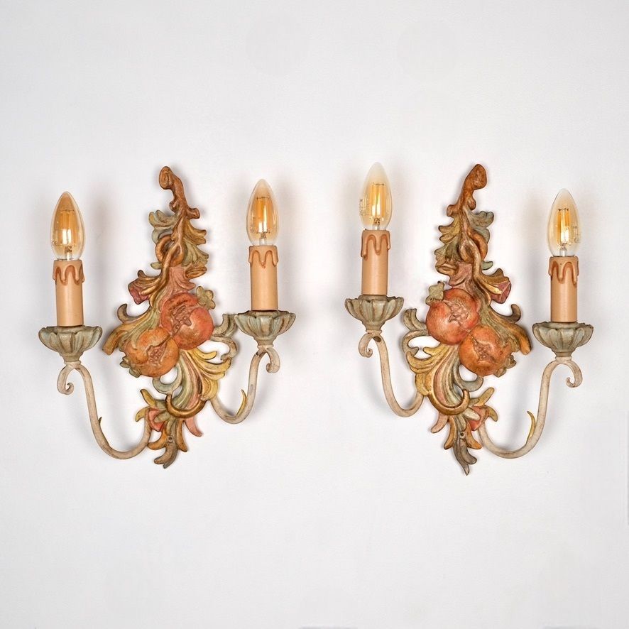 Pair Of Polychrome Carved Wood And Metal Wall Lights By Chelini, Firenze, 1980 photo vinterior