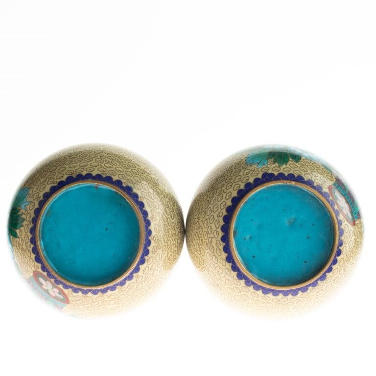Pair Of Chinese Cloisonne Yellow Enamel Bronze Blossom Vases On Stands photo furniture