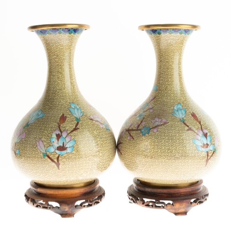 Pair Of Chinese Cloisonne Yellow Enamel Bronze Blossom Vases On Stands photo Home Decor
