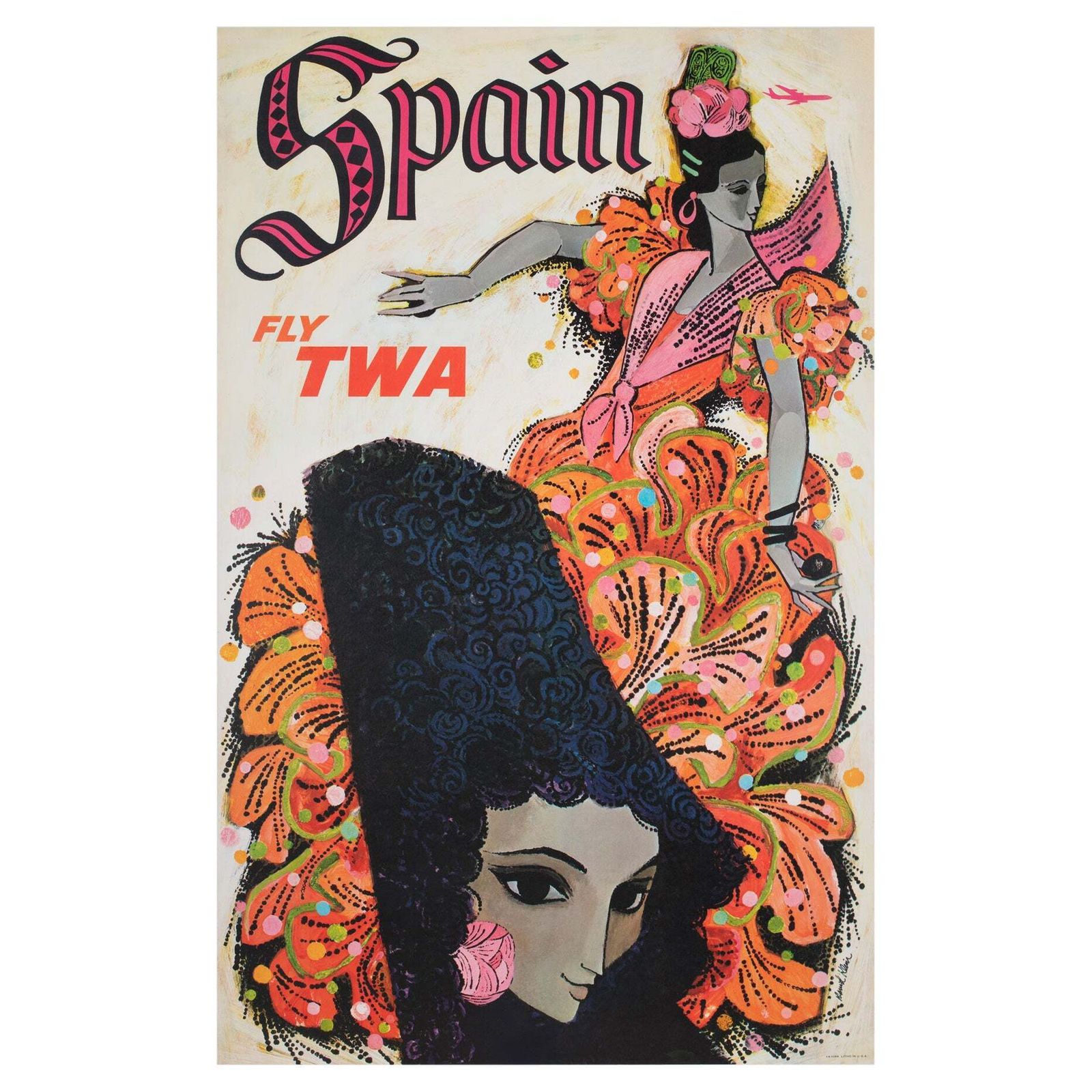 Twa Spain 1960s Airline Travel Advertising Poster, David Klein