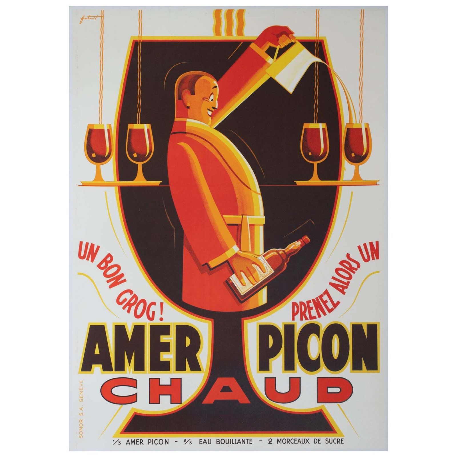 Picon Amer Chaud, C1930s Vintage Swiss Alcohol Advertising Poster, Noel Fontanet