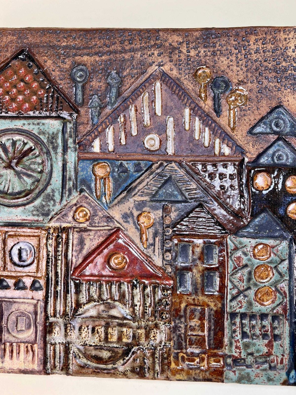 Folk Art Ceramic Wall Plaque, Rheinfelden Switzerland Mid Century Ceramics, Vintage 1970s Swiss Ceramic, Cityscape Art, Medieval House photo furniture