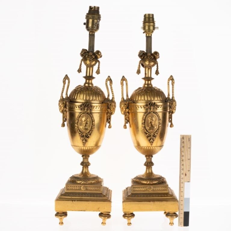 Antique Pair Of French Napoleon III Gilt Bronze Medallion Table Lamp Vases photo Lighting