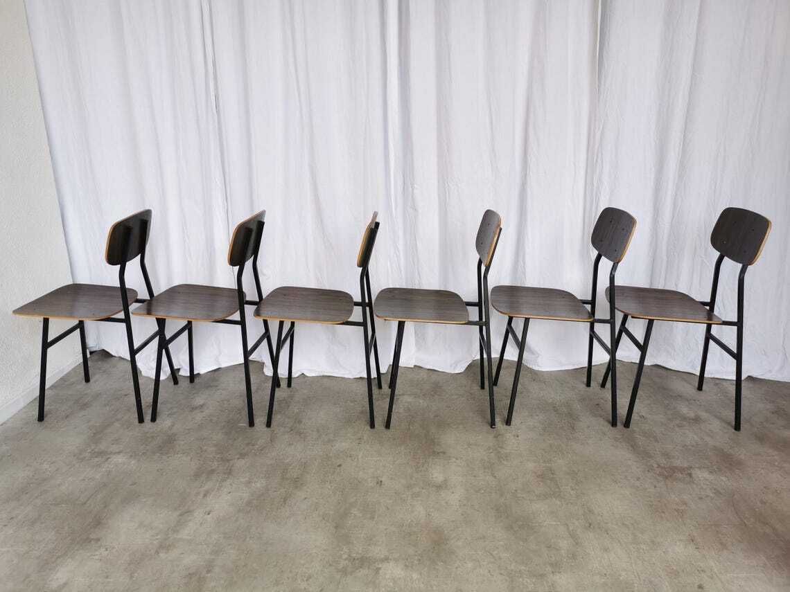 photo for sale 1 Of 6 Vintage School Chairs  Retro Dining Chairs By Stol Kamnik  1970s Yugoslavia Industrial Dark Brown Wood And Metal Base