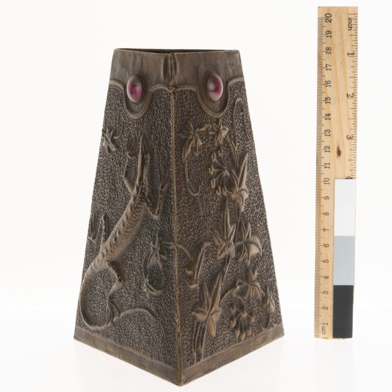 Art Nouveau Hammered Bronze Lizard Vase With Inlaid Stones photo for sale