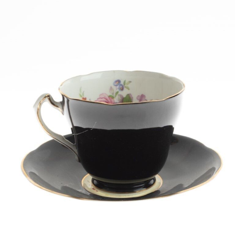 Adderley Royal Black Ground Porcelain Floral Teacup With Saucer photo Home Decor