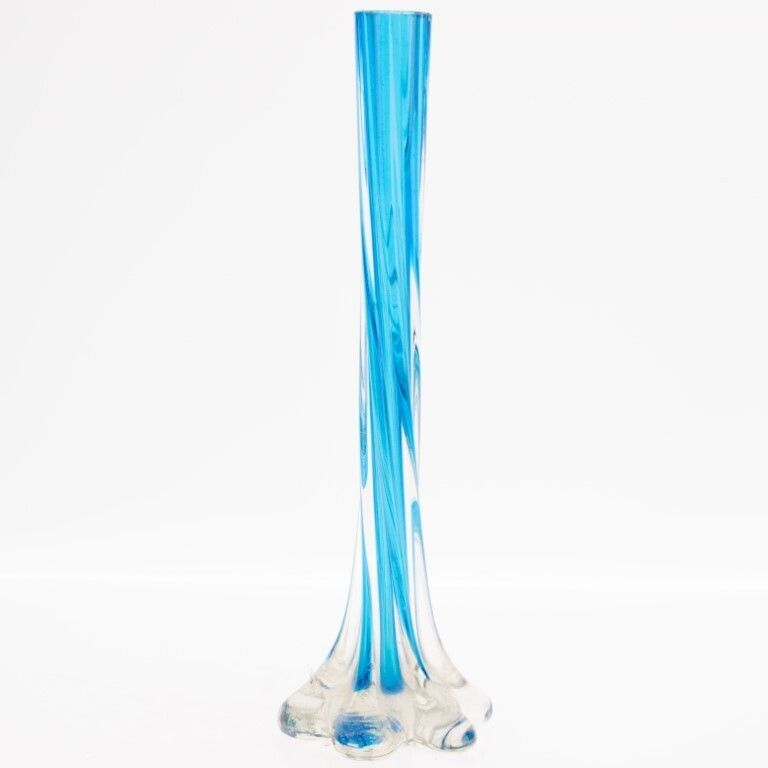 Mid Century Hand Blown Long Neck Aquamarine Glass Vase