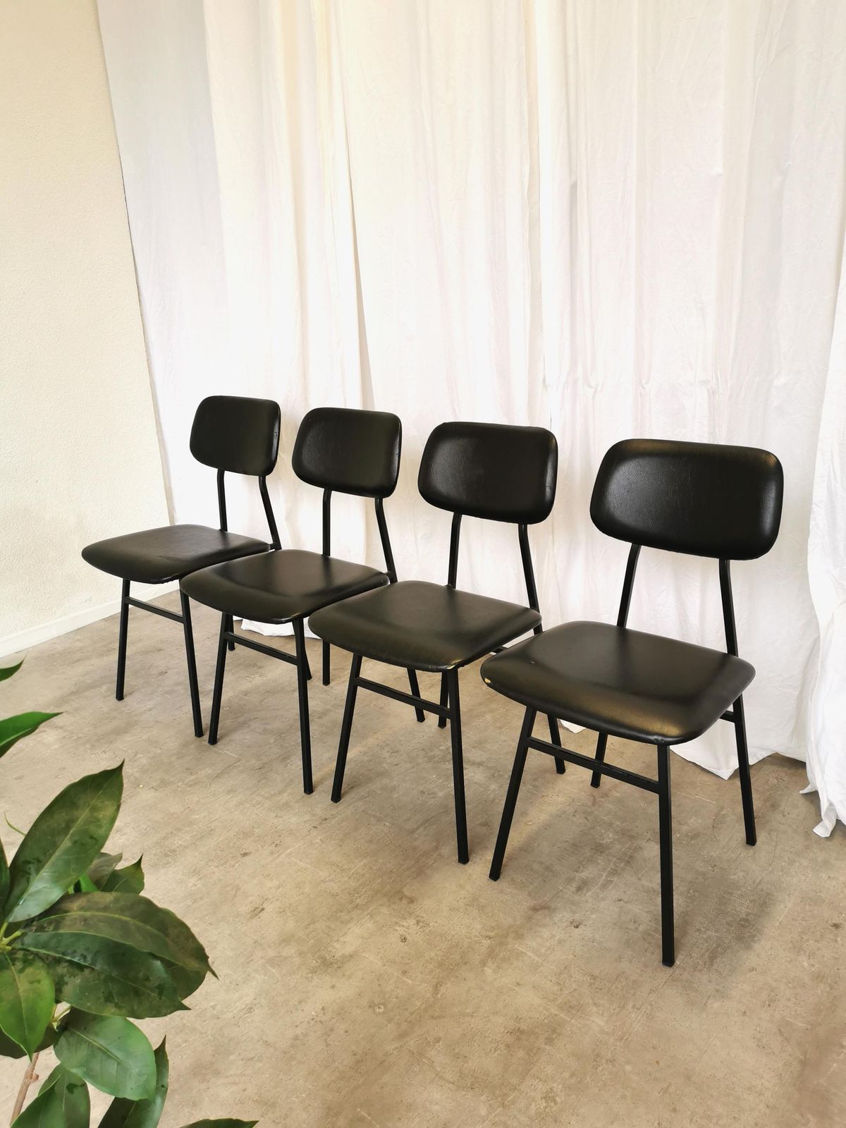 Set Of 4 Vintage School Chairs With Black Leather / Stol Kamnik 1980s Yugoslavia / Metal Base Leather Seat / Mid Century Dining Chair