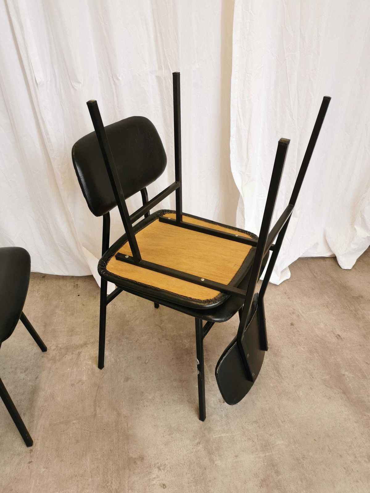 photo furniture Set Of 4 Vintage School Chairs With Black Leather / Stol Kamnik 1980s Yugoslavia / Metal Base Leather Seat / Mid Century Dining Chair