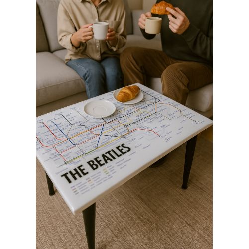 photo furniture Handcrafted Beatles Song Map Resin Coffee Table – Music Inspired Art With Glossy Epoxy Top & Metal Legs For Living Room & Offices