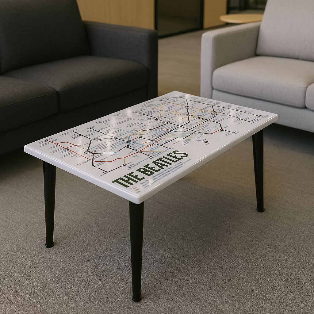 photo for sale Handcrafted Beatles Song Map Resin Coffee Table – Music Inspired Art With Glossy Epoxy Top & Metal Legs For Living Room & Offices