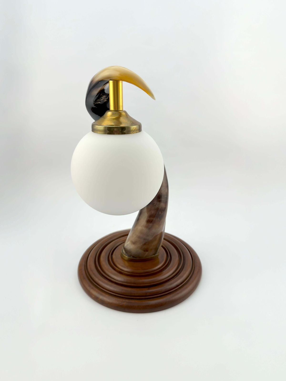 French Hunting Lodge Table Lamp In Mahogany And Polished Buffalo Horn, 1970s photo vintage
