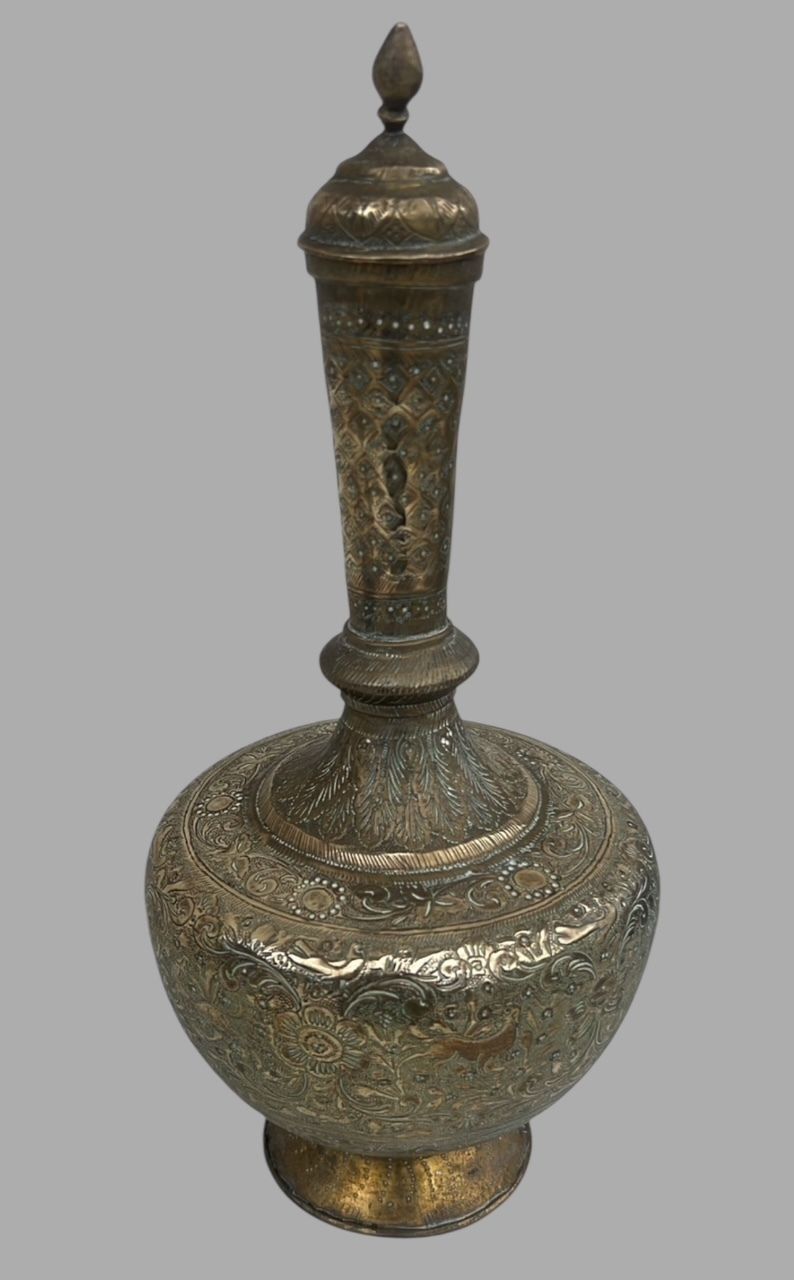 A Pair Of Antique Brass Surahi Lidded Water Vessels photo for sale
