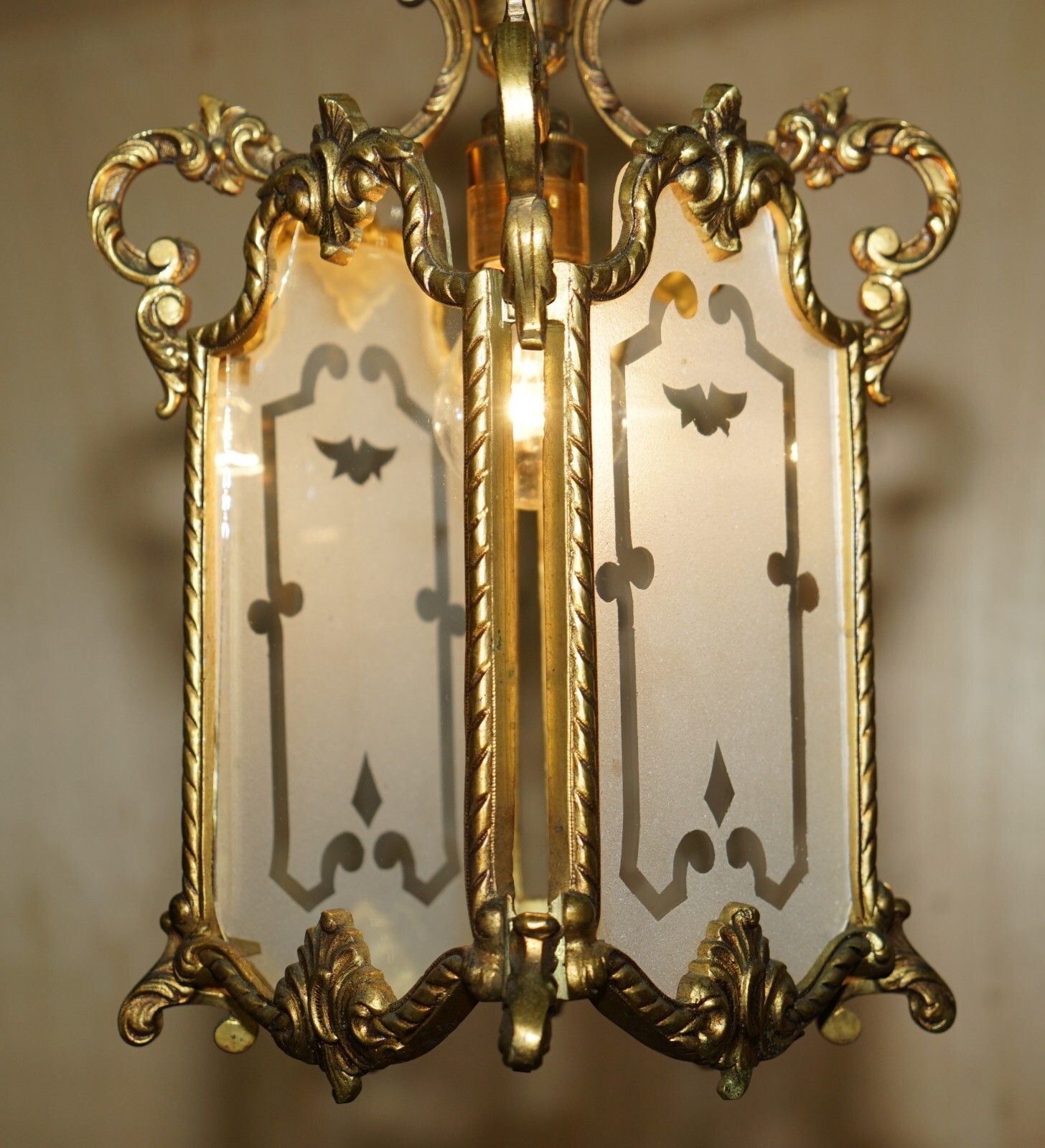 Pair Of Antique Circa 1920 Polished Brass Hanging Lanterns With Frosted Glass photo Lighting