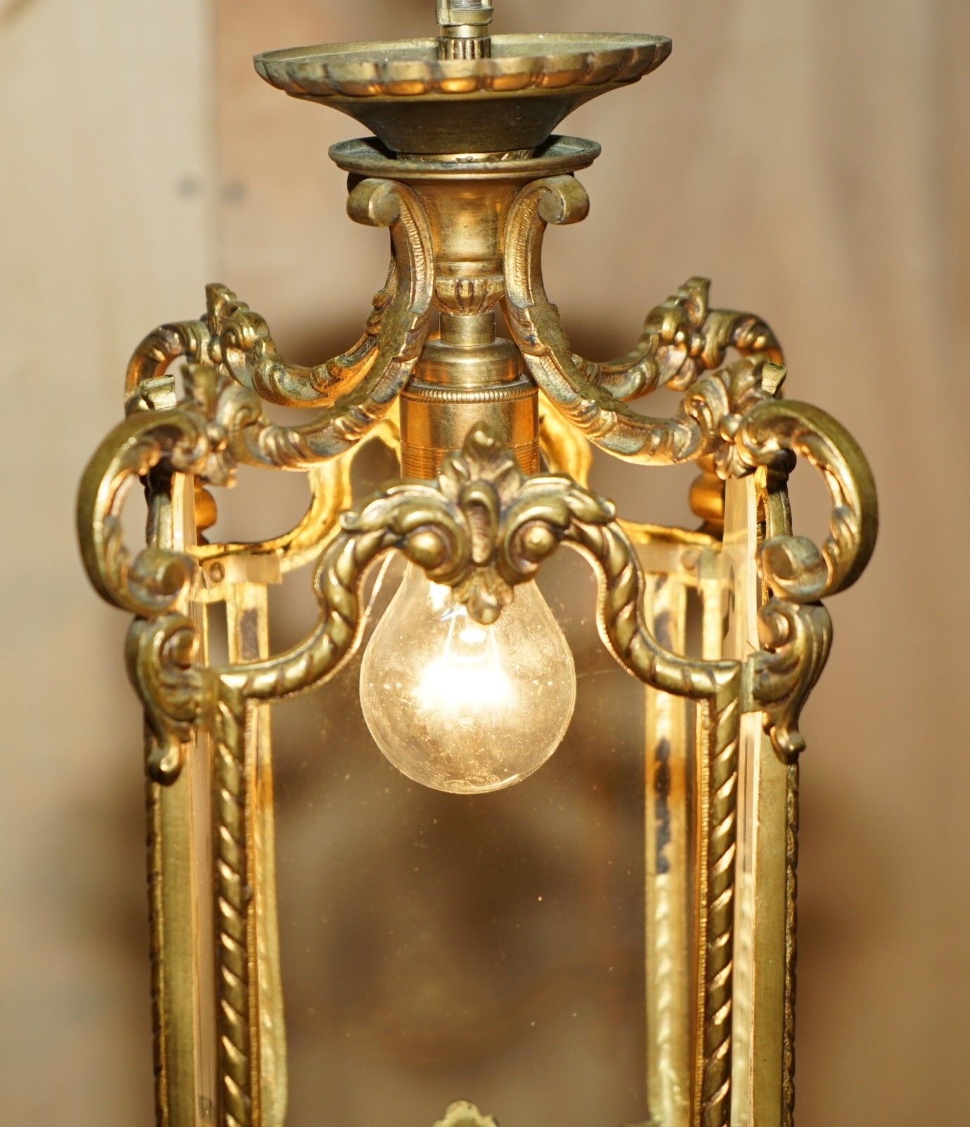 Pair Of Antique Circa 1920 Polished Brass Hanging Lanterns With Frosted Glass photo vinterior