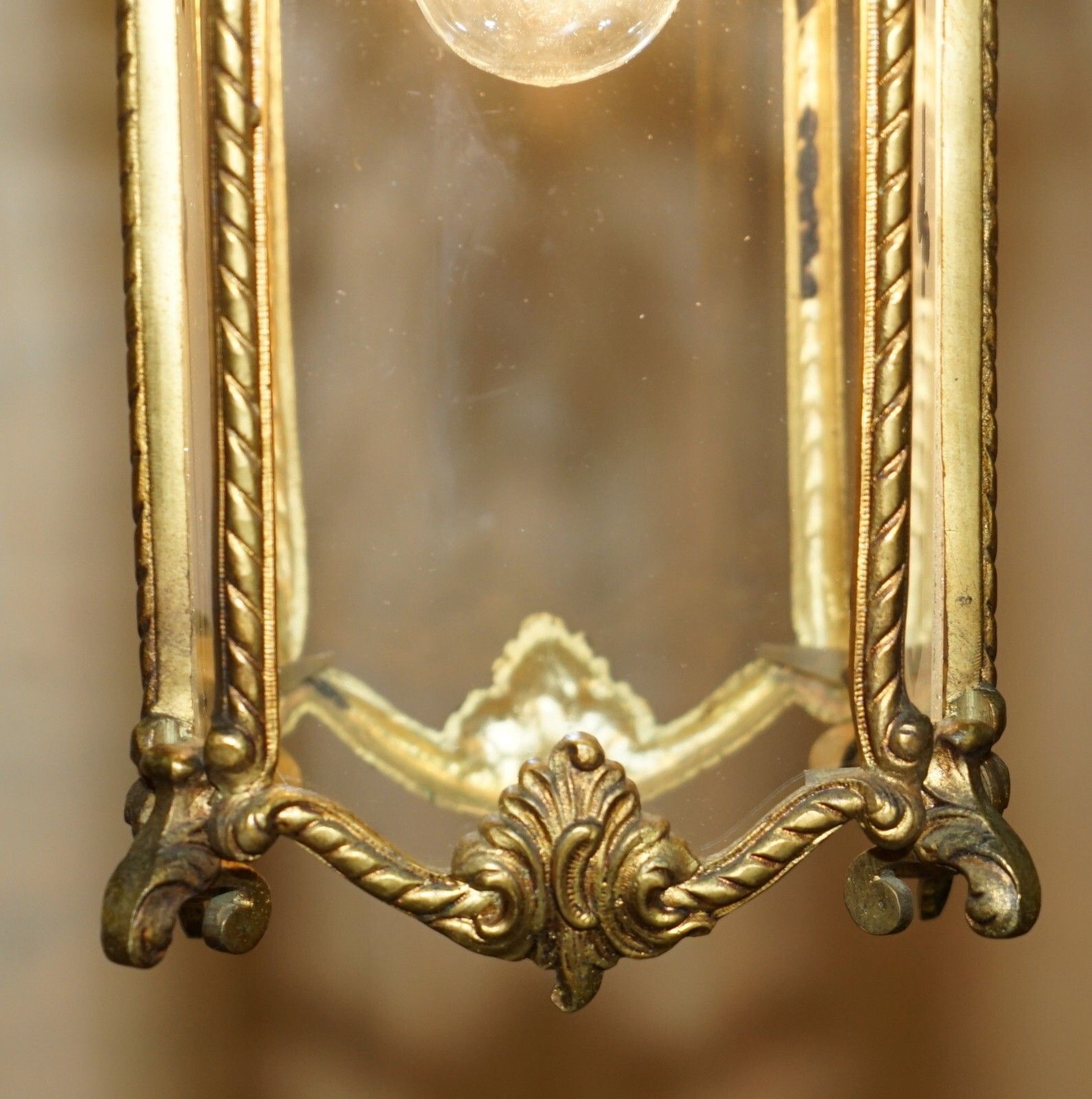 Pair Of Antique Circa 1920 Polished Brass Hanging Lanterns With Frosted Glass photo buy