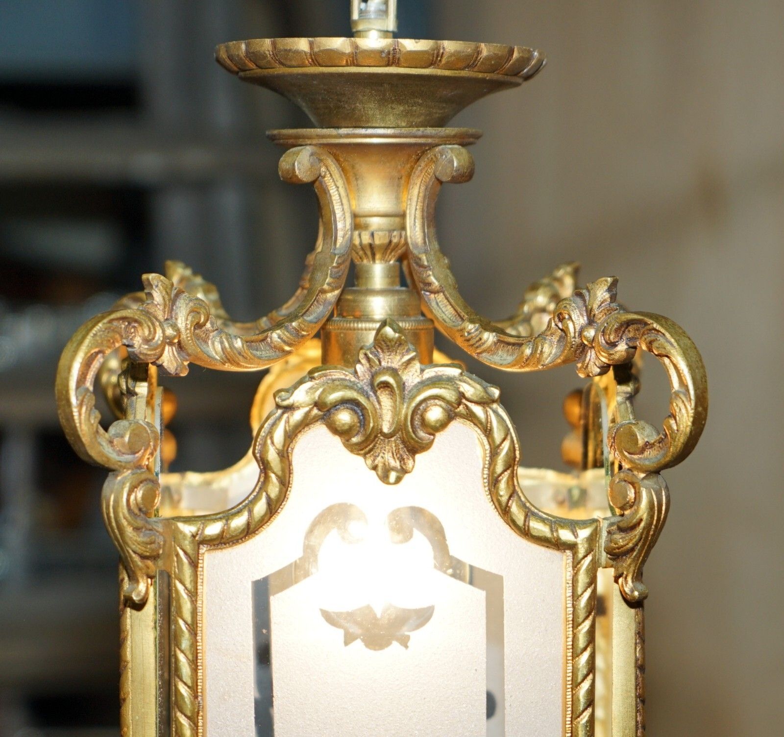 photo furniture Pair Of Antique Circa 1920 Polished Brass Hanging Lanterns With Frosted Glass