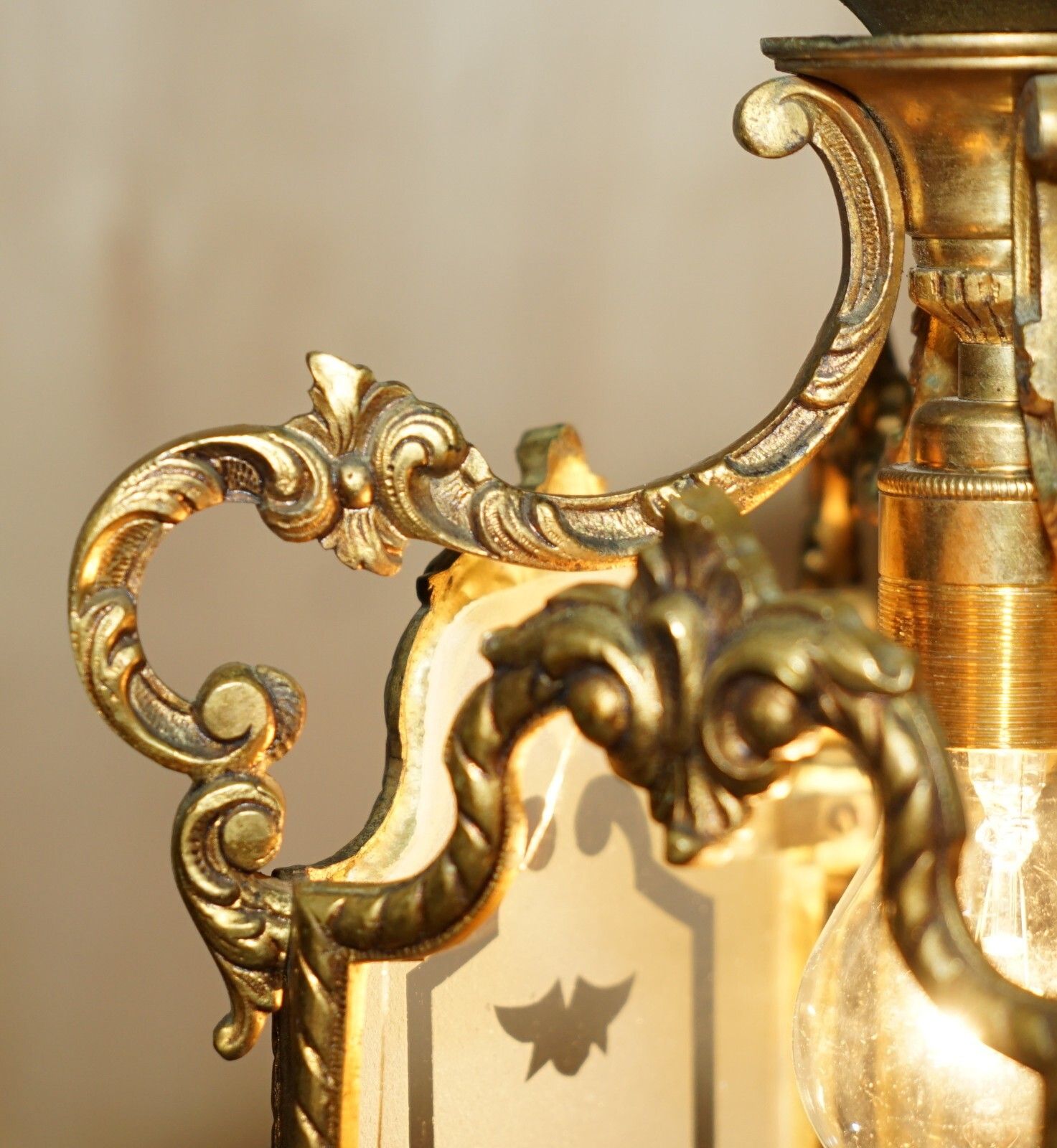 Lighting Pair Of Antique Circa 1920 Polished Brass Hanging Lanterns With Frosted Glass photo