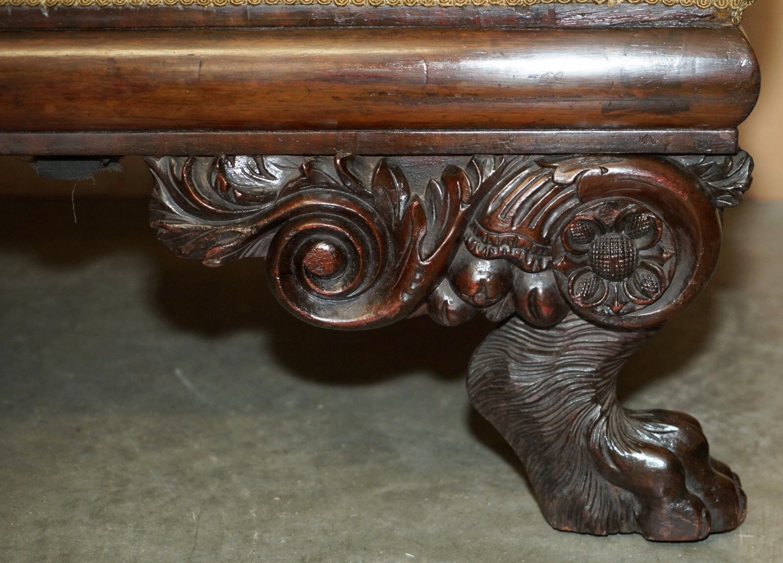 photo for sale Antique Regency Embroidered Mahogany Hand Carved Lion's Hairy Paw Chaise Lounge