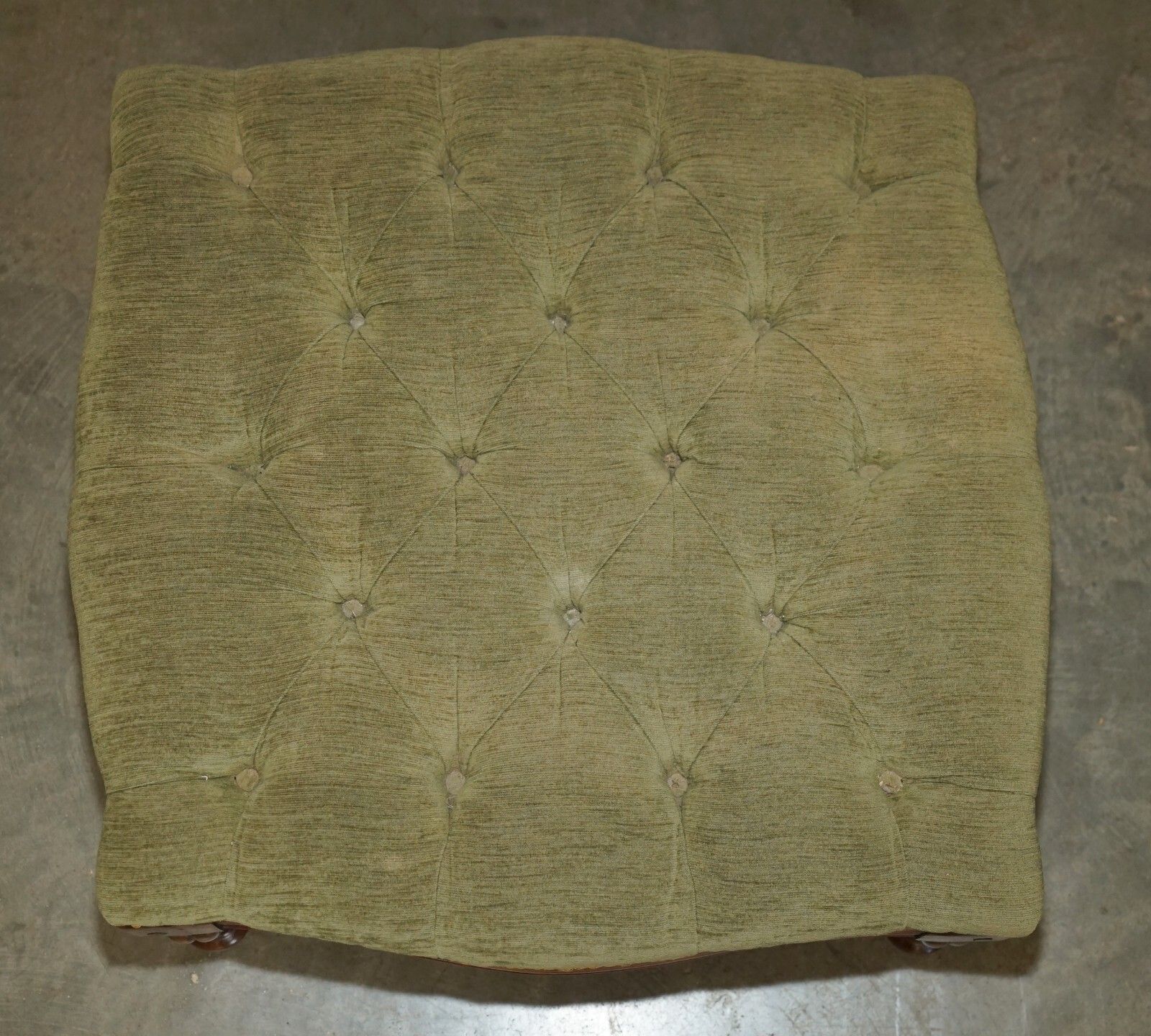 Vintage Mahogany Framed Green Velour Chesterfield Tufted Large Footstool Ottoman photo for sale