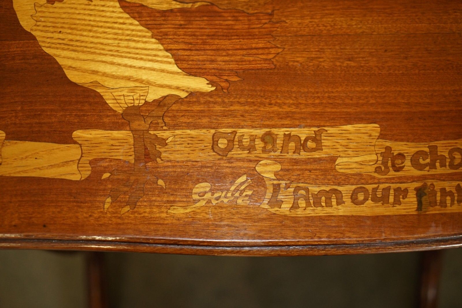 Furniture Very Rare Emile Galle Romantic Specimen Wood Table "When I Sing, Love Will End" photo