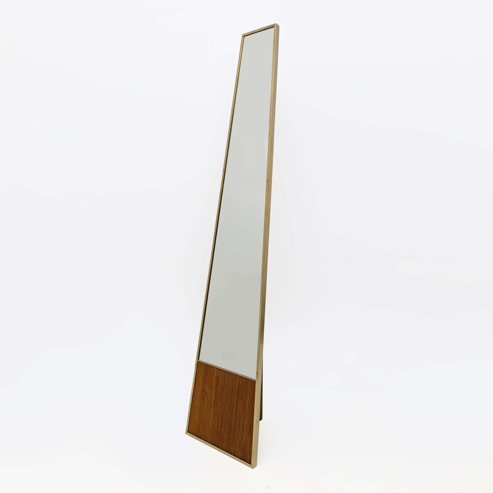Mid Century Modern Brass And Wood Floor Mirror, Italy, 1970s photo furniture