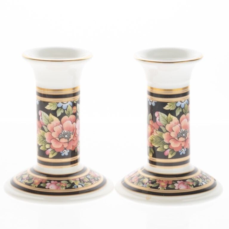 Pair Of Wedgwood Floral Pattern Porcelain Ceramic Candletsicks