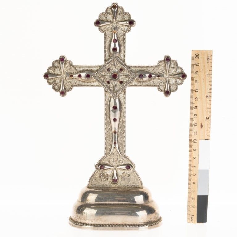 Antique Silver Plated Religious Crucifix Inlaid With Amethysts photo for sale