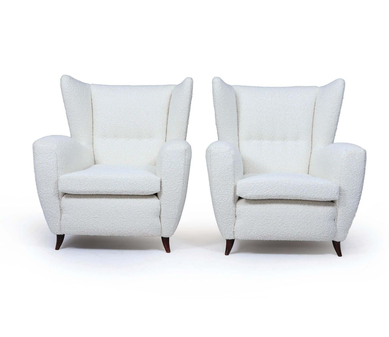 Pair Of Italian Mid Century Wingback Armchairs In Bouclé, C. 1950s photo for sale