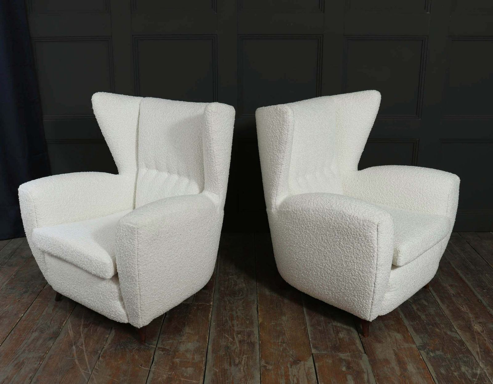 Pair Of Italian Mid Century Wingback Armchairs In Bouclé, C. 1950s photo vinterior