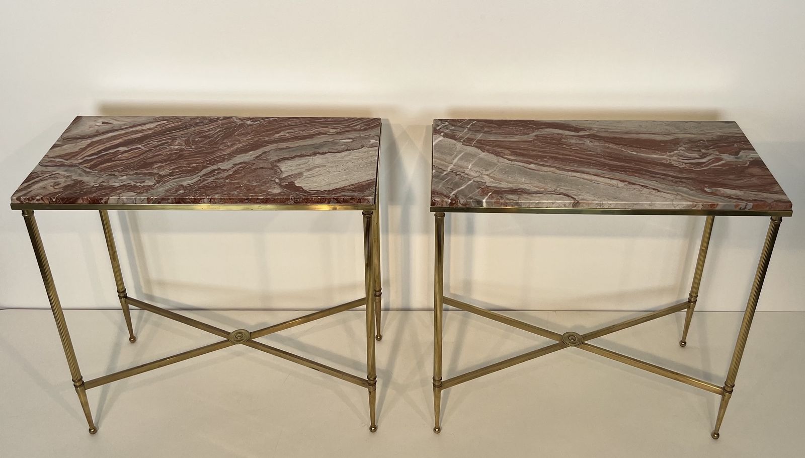 Pair Of Neoclassical Style Brass And Marble Top End Tables From Maison Jansen photo for sale