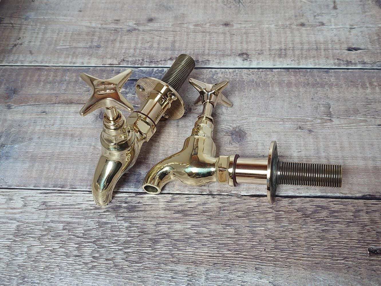 Antique Wall Mounted Brass Bib Taps, Vintage Brass Bib Taps, Ready To Fit Brass Taps, Wall Mounted Faucets photo vintage