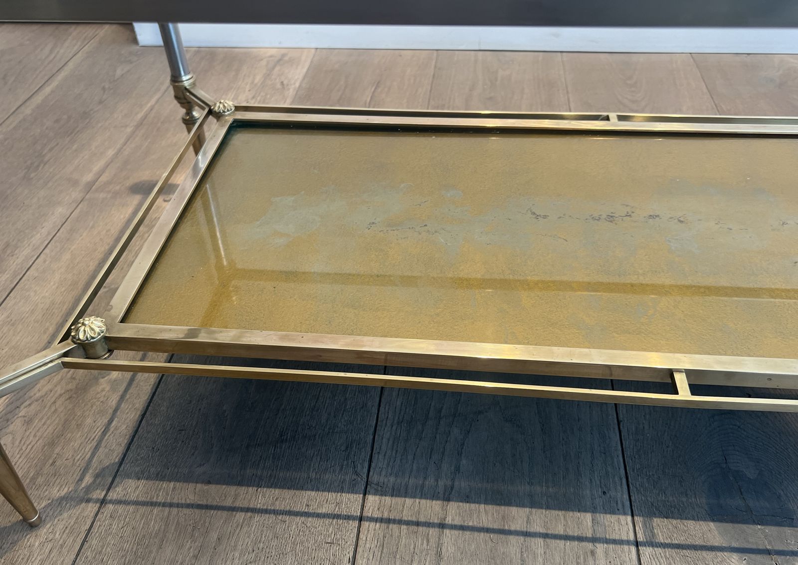 photo for sale Brass Coffee Table With Clear Glass Top And Gold Eglomisé Mirror From Maison Jansen