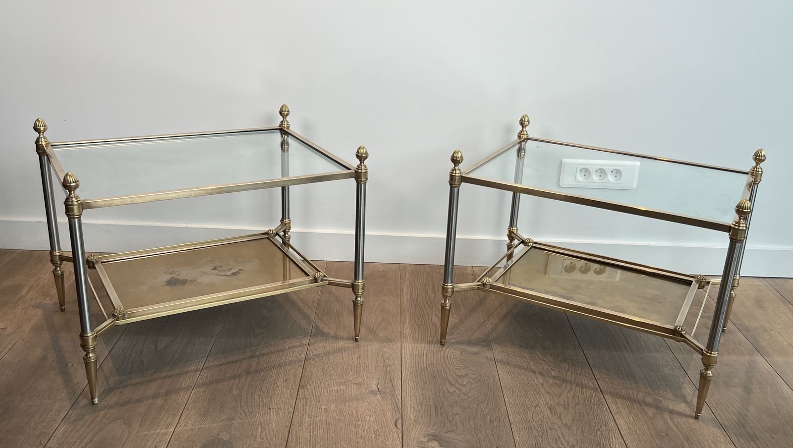 Pair Of Neoclassical Style Steel And Brass Side Tables From Maison Jansen photo furniture