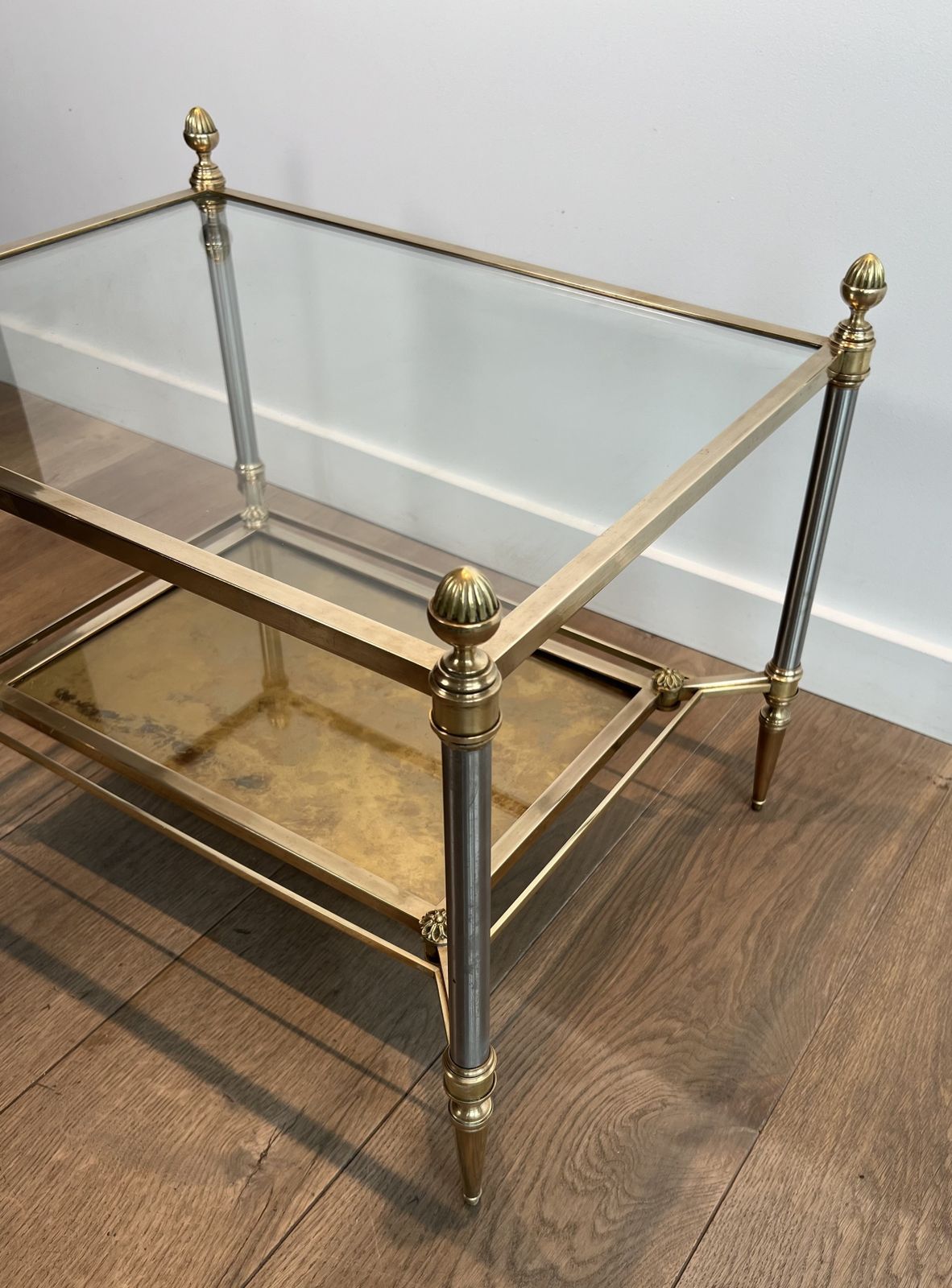 photo buy Pair Of Neoclassical Style Steel And Brass Side Tables From Maison Jansen