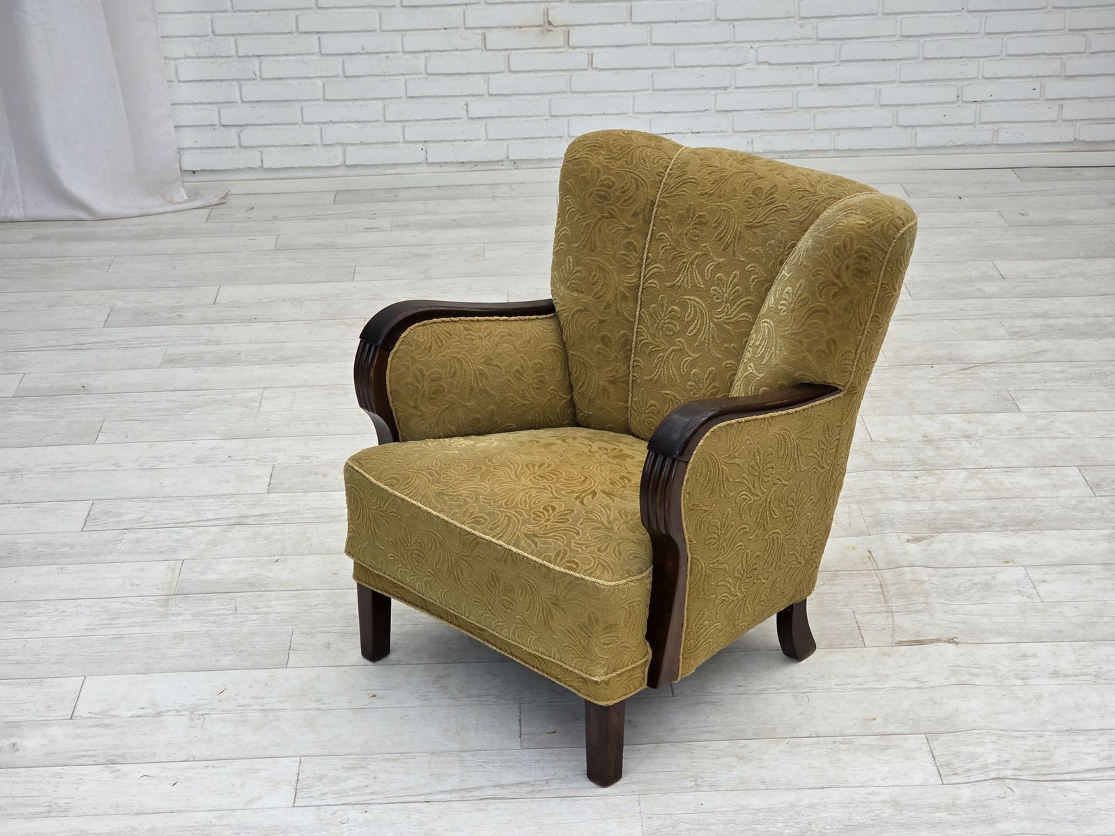 photo vinterior 1960s, Danish Design, Armchair, Original Condition, Furniture Fabric, Dark Beech Wood.