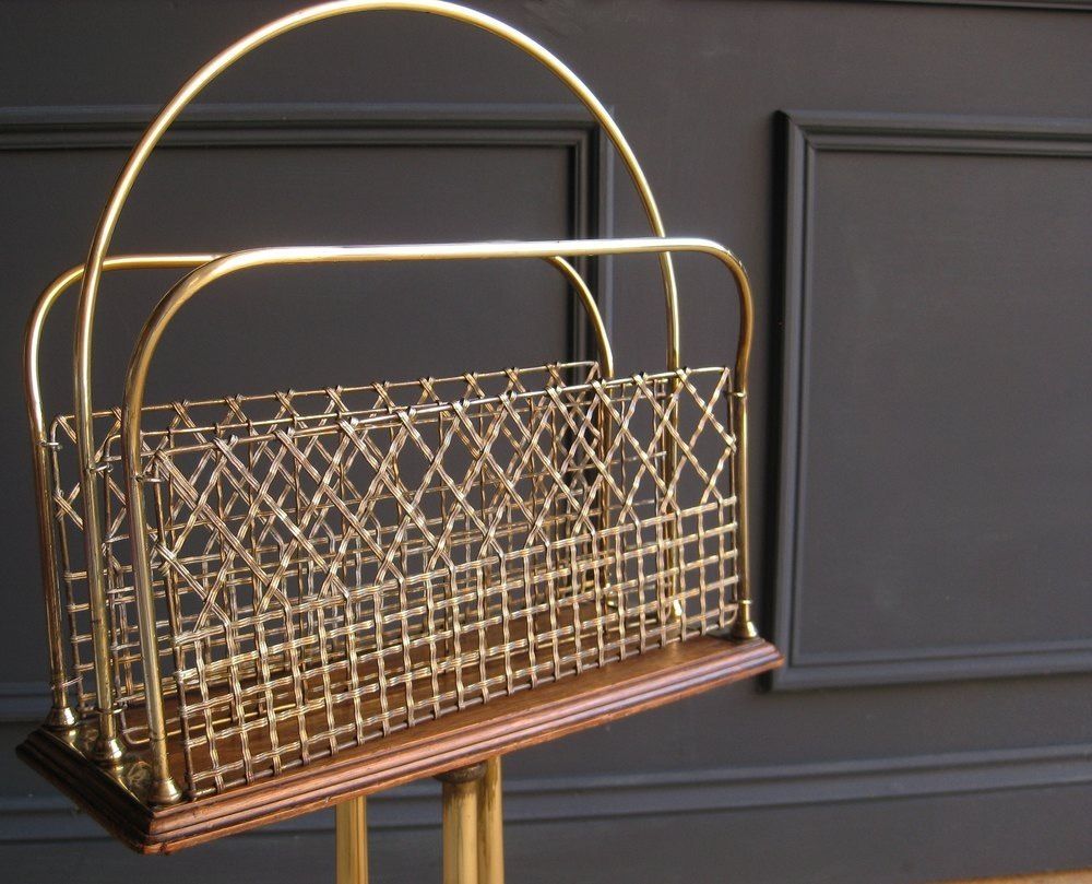 Revolving Oak And Brass Magazine Rack photo furniture