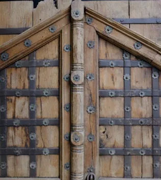 Antique Indian 18th Century Mughal Fort Door – Monumental Arched Teak Wood Entry With Hand Forged Iron Studwork | Indo Islamic Architectural Salvage photo buy