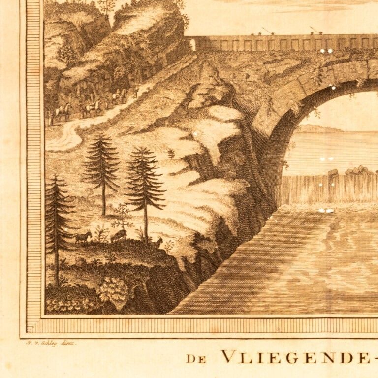 Antique 18th Century Engraving Titled “Flying Bridge” By Jakob Van Der Schley, After Johan Nieuhof photo furniture
