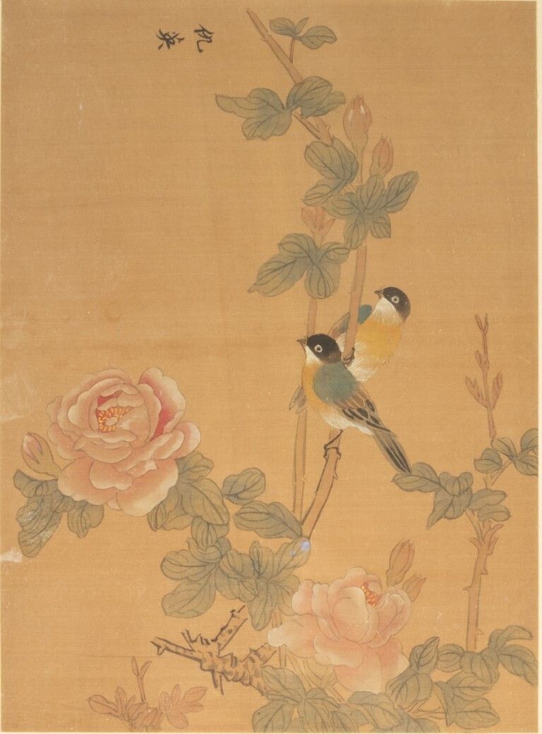 Antique Hand Painted Chinese Silk Birds Watercolour Painting