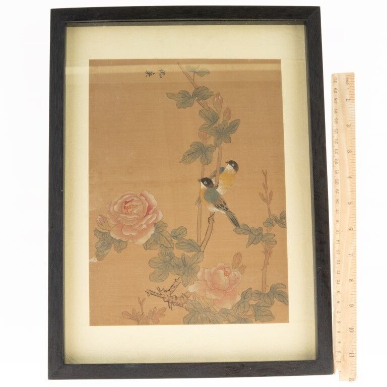 Antique Hand Painted Chinese Silk Birds Watercolour Painting photo furniture