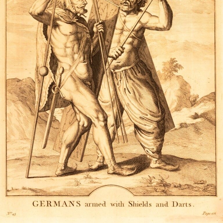 Germans With Armed Shields And Darts Antique 17th Century Engraving photo furniture