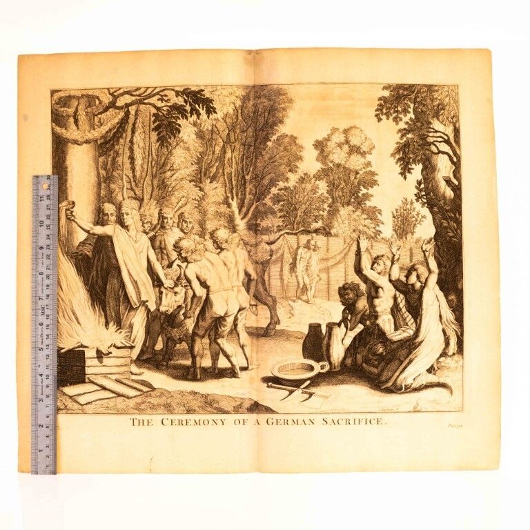 The Ceremony Of A German Sacrifice Antique Engraving 18th Century photo for sale