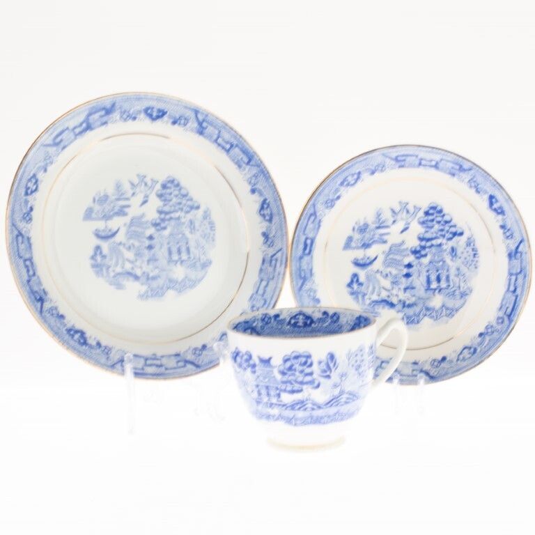 Antique Victorian Blue Willow Porcelain Ceramic Teacup Trio Bridgerton Taylor Kent